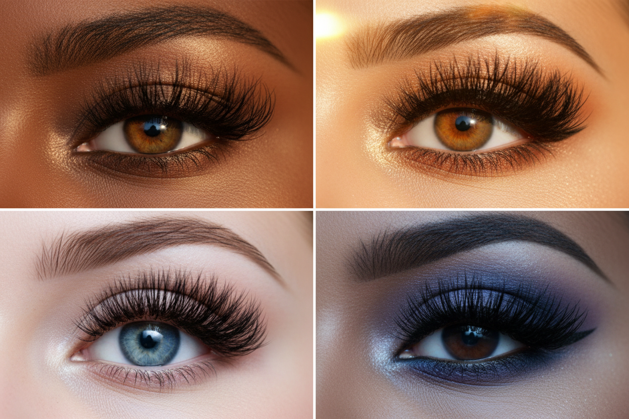 A 3- or 4-panel square collage showing close-ups of different eyes wearing lashes.
One deeper skin tone
One medium/olive tone
One fair skin tone
Mix of lash styles: natural, curly, full-volume