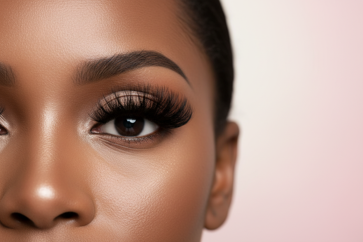 A beautiful Black woman with bold, full-volume lashes. Soft pink or white background. Close-up shot focusing on the eyes + lashes. Clean, elegant lighting.