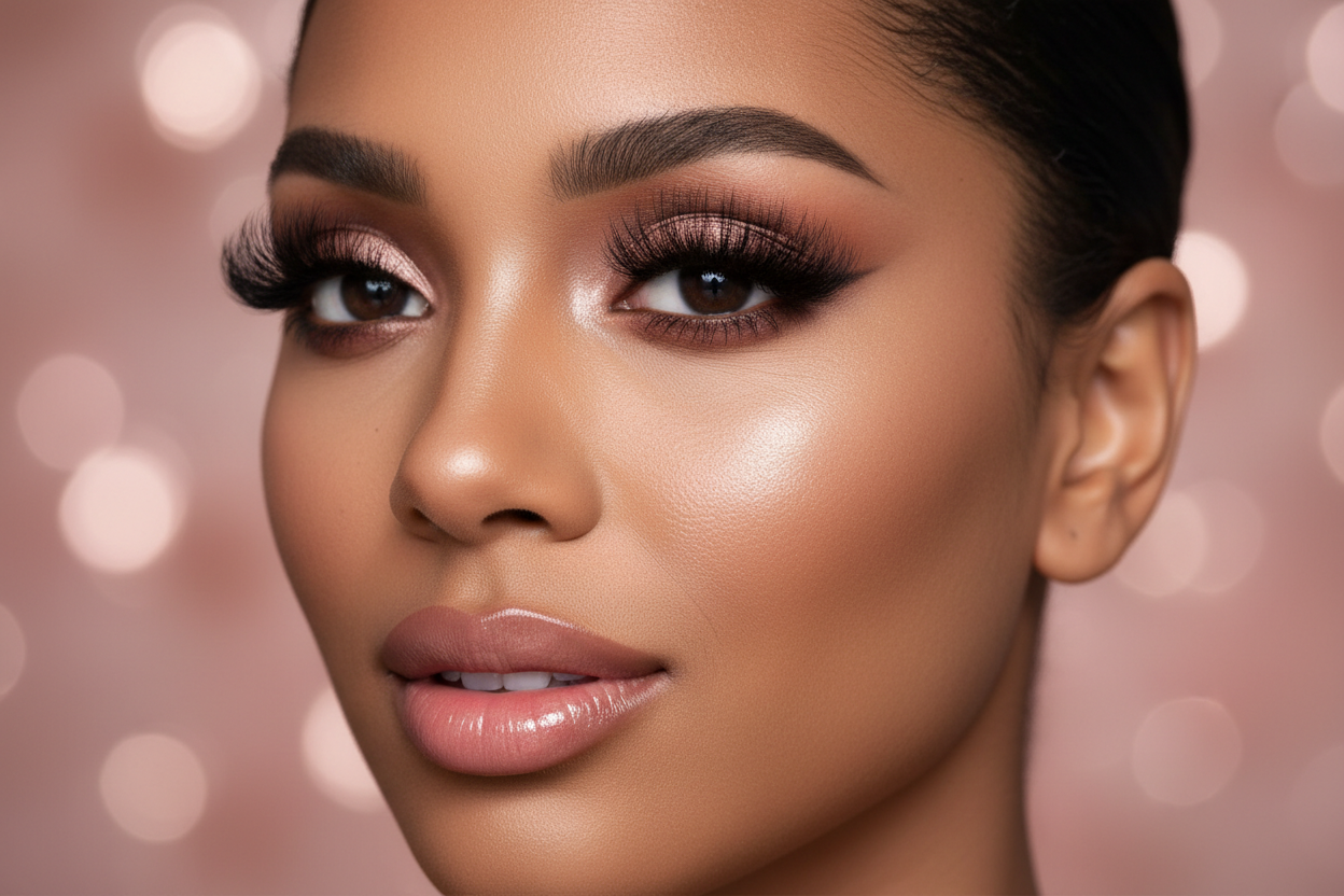 A close-up, cinematic portrait of a woman with beautiful lashes (Black, Latina, or Asian model), soft glam makeup, and a gentle pink-toned background.

Style:

Soft lighting

Slight blur behind the model

Feminine, elegant, high-end

Focus on the eyes + lashes