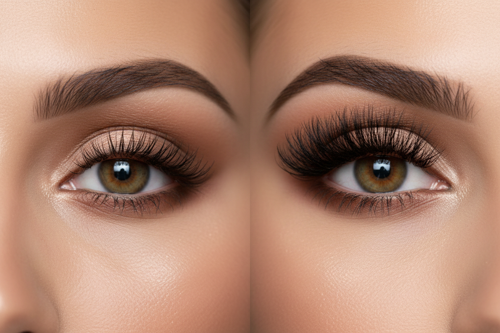 A close-up shot showing one eye without lashes and one eye with lashes applied.
Soft glam makeup, natural lighting, premium look.