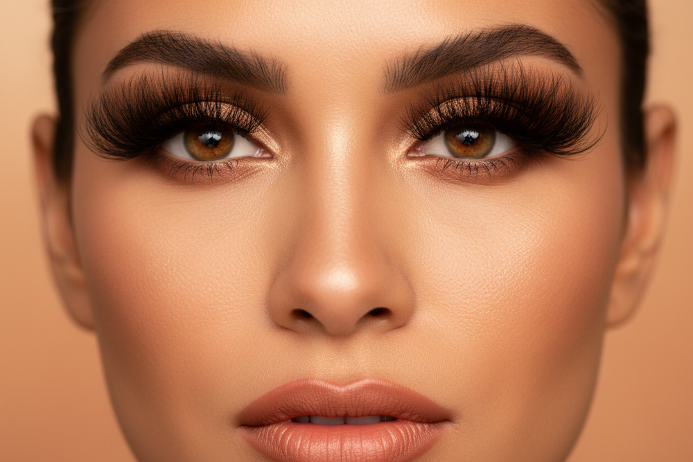 A gorgeous Hispanic/Latina model with dramatic curly-volume lashes. Slightly warm tones. Confident expression.