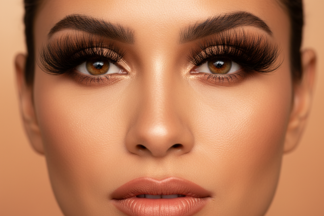 A gorgeous Hispanic/Latina model with dramatic curly-volume lashes. Slightly warm tones. Confident expression.