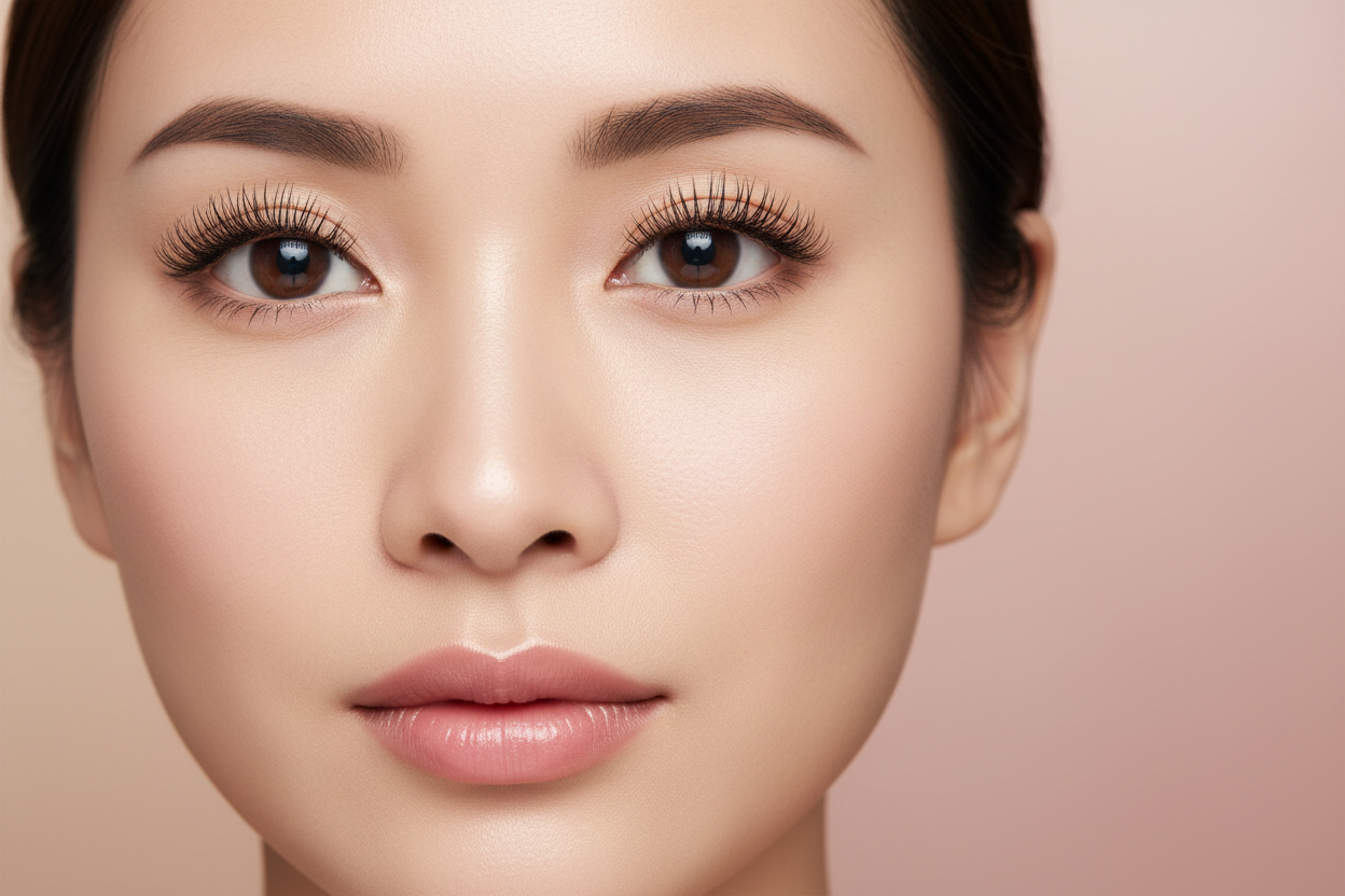 A stunning Asian model with natural-volume lashes. Smooth, minimal background (light pink or soft beige). A calm, clean aesthetic like cotaskincare.com.